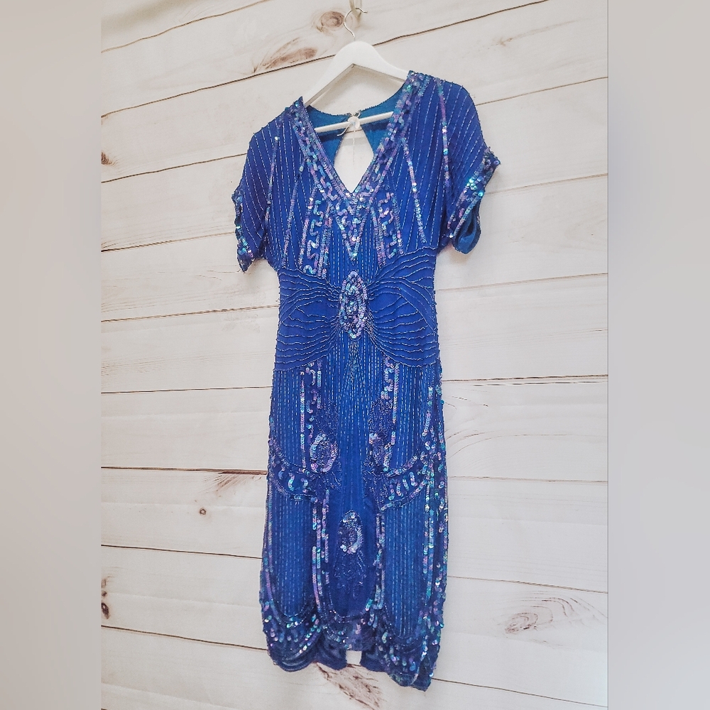 Vintage 1980s Blue Sequin Party Dress Size Small